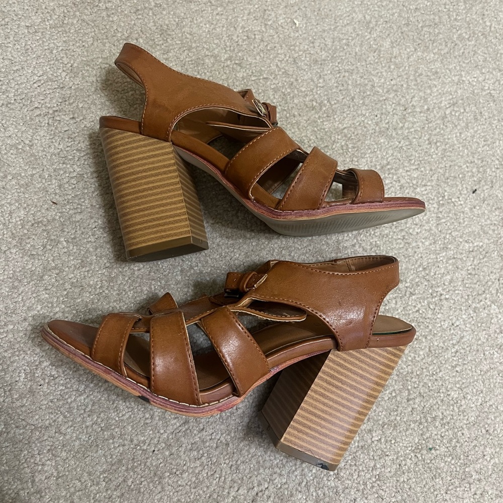 Tan strappy heeled sandals